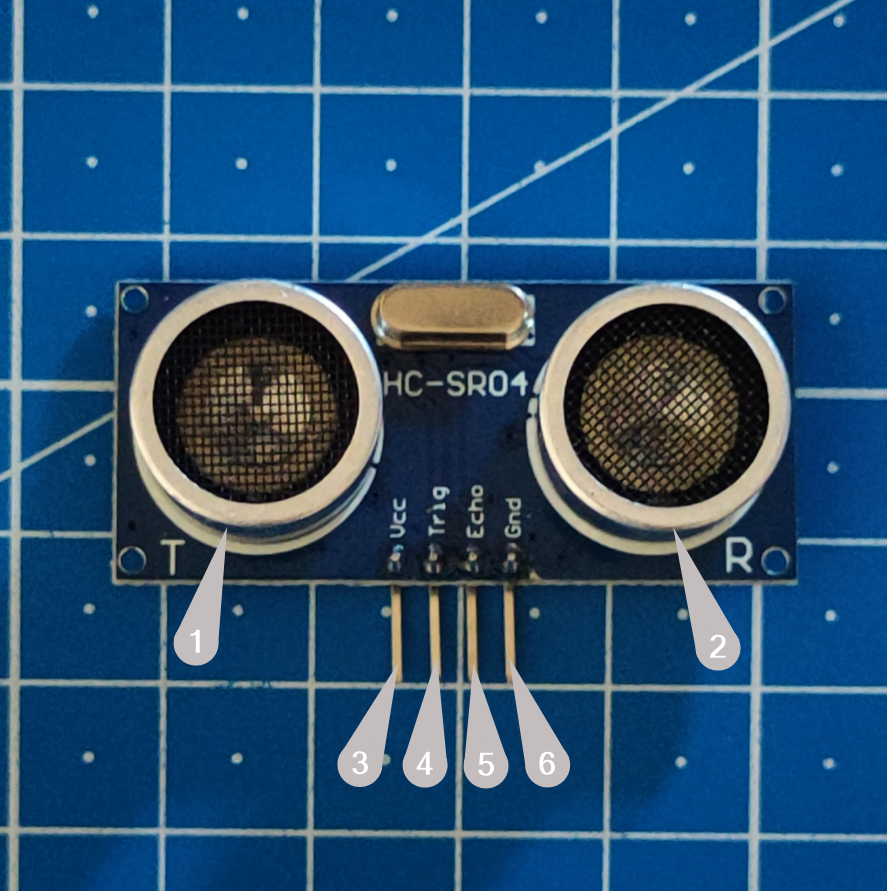 Imagen del sensor ultrasónico HC-SR04. Sobre él se destacan los siguientes elementos: el primero indica la T, el segundo indica la letra R. el tercero Vcc, el cuarto Trig, el quinto Echo y el sexto Gnd.