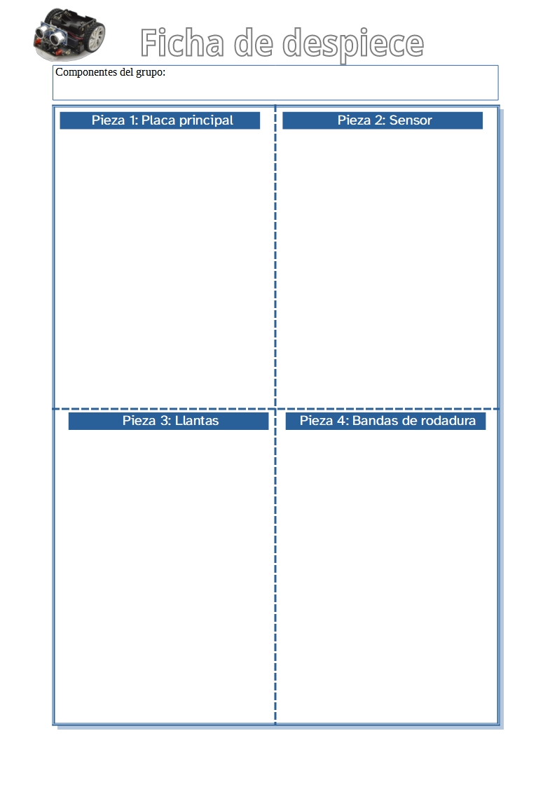 TablaDespiece Imagen de la tabla de despiece con cuatro recuadros para colocar la informaci贸n de la placa principal, el sensor, las llantas y las bandas de rodadura.